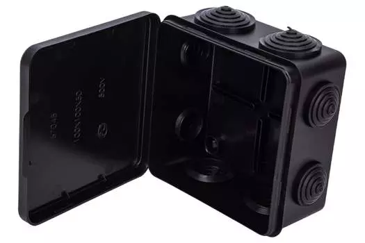 Коробка распределительная квадратная 100 мм x 100 мм, глубина 50 мм, наружный монтаж, IP54, вводов:8, черный, с крышкой, Ruvinil УХЛ1 (67045Ч)