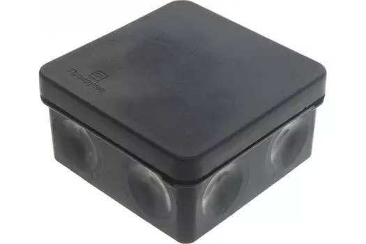 Коробка распределительная квадратная 80 мм x 80 мм, глубина 40 мм, наружный монтаж, IP66, вводов:8, черный, с крышкой, Промрукав (60-0210-9005)