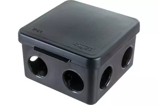 Коробка распределительная квадратная 80 мм x 80 мм, глубина 50 мм, наружный монтаж, IP54, вводов:7, черный, с крышкой, Ruvinil УХЛ1 (67040МЧ)