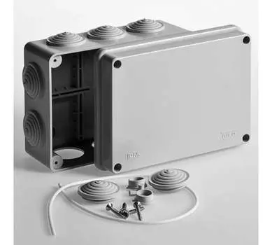 Коробка распределительная прямоугольная 15 см x 11 см, глубина 7 см, наружный монтаж, IP55, вводов:10, наличие сальников, серый, с крышкой, Ruvinil Тусо (67053)