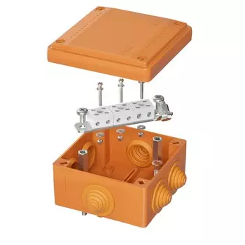 Коробка разветвительная квадратная 100 мм x 100 мм, глубина 50 мм, наружный монтаж, IP56, вводов:6, оранжевый, с крышкой, 6р 450В 6А 4кв.мм с каб. вводами, DKC FS (FSB11604)