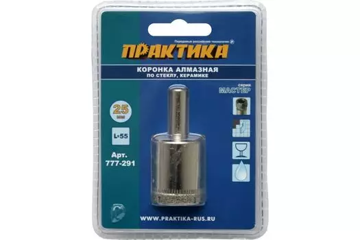 Коронка алмазная, по камню и керамограниту керамической плитке стеклу, ПРАКТИКА Мастер, 1 шт. (777-291)