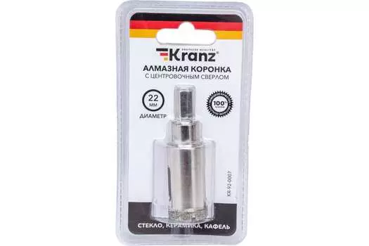 Коронка алмазная KRANZ 2.2 см, хвостовик: цилиндрический с 3 гранями, керамика, стекло (KR-92-0007)