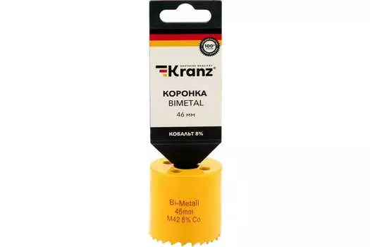 Коронка биметаллическая KRANZ 4.6 см, хвостовик: 5/8 дюйма, Р6М5К8, дерево, сталь, металл, гипсокартон, пластик (KR-92-0223)