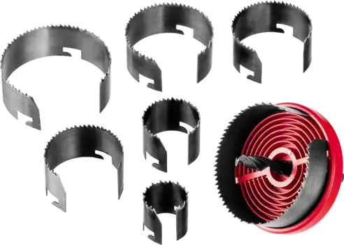Коронка наборная Зубр МАСТЕР 26, 32, 38, 45, 50, 56, 63мм, хвостовик: шестигранник, металл, дерево, ДСП, фанера, пластик (29593-H7-18)