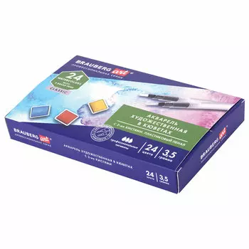 Краски акварельные 24 шт./24 цветов, кювета, с кистью, картонная коробка, BRAUBERG CLASSIC (191770)