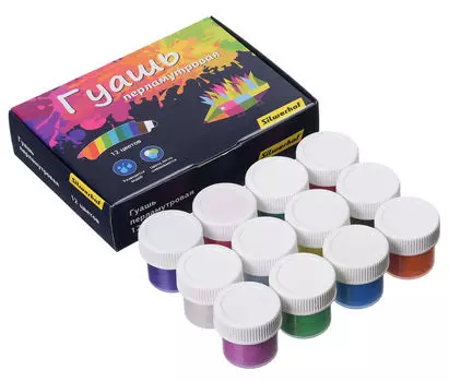 Краски гуашь 12шт./12 цветов, 15мл, банка, перламутровые, картонная коробка, Silwerhof (962083-12)
