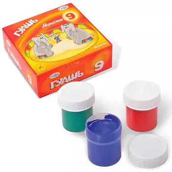 Краски гуашь 9шт./9 цветов, 20мл, банка, картонная коробка, ГАММА Мультики (221031)