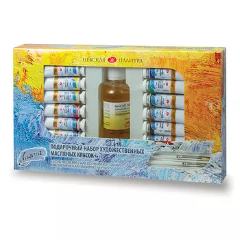 Краски масляные 1 шт./12 цветов, разноцветный, 18 мл, коробка, Комплектация: кисть - щетина, длинная ручка, круглая №3, кисть - щетина, длинная ручка, плоская №2, масло льняное рафинированное отбеленное 120 мл., Невская палитра Ладога 1241967 (191036)
