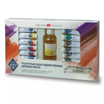 Краски масляные 1 шт./12 цветов, разноцветный, 18 мл, туба, с кистью, Комплектация: кисть - щетина, длинная ручка, круглая №3, кисть - щетина, длинная ручка, плоская №2, масло льняное рафинированное отбеленное 120 мл, Невская палитра Мастер класс 1141965 (191037)