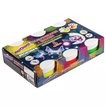 Краски пальчиковые 1шт./6 цветов, голубой, желтый, зеленый, красный, оранжевый, розовый, 60мл, коробка, флуоресцентные, ЮНЛАНДИЯ НЕОНЧИКИ" (191341)