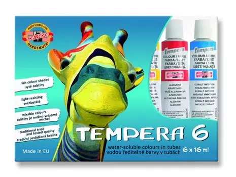 Краски темперные KOH-I-NOOR "Жираф", НАБОР 6 цветов по 16 мл, в алюминиевых тубах, без кисти, 01625S0601KS