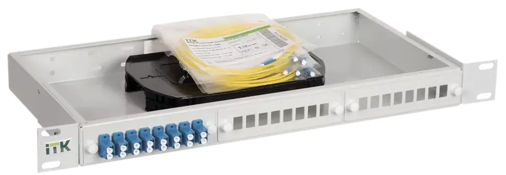 Кросс оптический ITK FOBX24-1U-24LCUD09, 1U, в стойку 19", 24 шт.xLC, SM 9/125 OS2, серый (FOBX24-1U-24LCUD09)