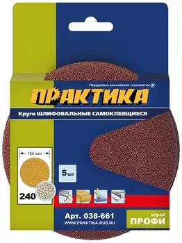 Круг шлифовальный ПРАКТИКА 038-661 ПРОФИ ⌀125мм, P240, 5шт., универсальный (038-661)