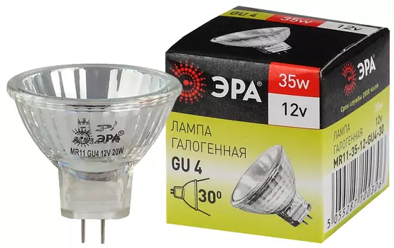 Лампа галогенная GU4, 12В, 35Вт, 525лм, 3000K/теплый, 100 Ra, ЭРА GU4-MR11-35W-12V-30CL (C0027362)