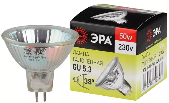 Лампа галогенная GU5.3, MR16, 50Вт, 8000лм, 3000K/теплый, 100 Ra, Эра GU5.3-JCDR (MR16) -50W-230V-CL (C0027365)