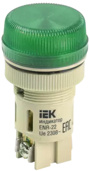 Лампа индикаторная неон зеленый 22 мм 230 В AC, IEK ENR-22 (BLS40-ENR-K06)