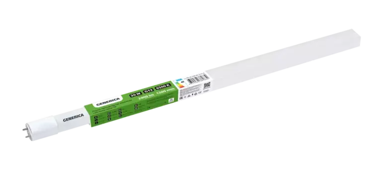Лампа линейная светодиодная G13, T8, 25мм x 1199мм, 20Вт, 2000лм, 6500 K/холодный дневной свет, 70-79 Ra, GENERICA (LL-T8-20-230-65-G13-G)