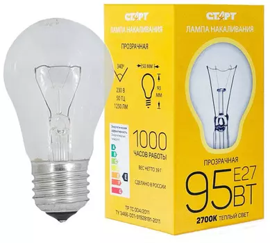 Лампа накаливания E27 груша, 95 Вт, 2700 K / теплый свет, 1лм, 220 В, СТАРТ (11214)