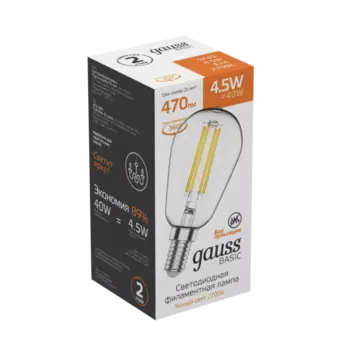 Лампа светодиодная E14 Колба/ST64, 4.5Вт, 2700K / теплый свет, 470лм, филаментная, Gauss Basic Filament (1141115)