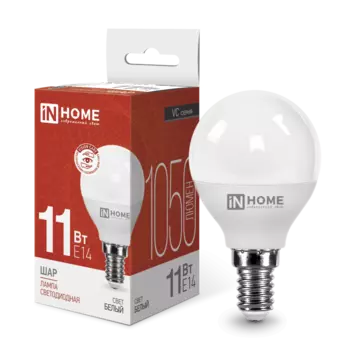 Лампа светодиодная E14 шар, 11Вт, 4000K / белый, 1050лм, IN HOME (4690612020594)