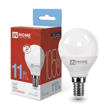 Лампа светодиодная E14 шар, 11Вт, 6500K / холодный свет, 1050лм, IN HOME (4690612024929)