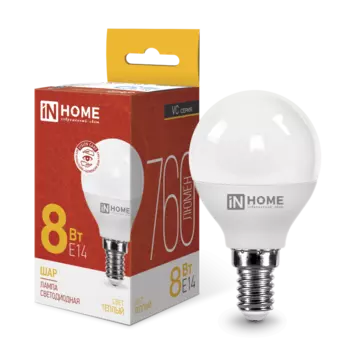 Лампа светодиодная E14 шар, 8Вт, 3000K / теплый свет, 760лм, IN HOME (4690612020549)