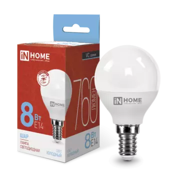 Лампа светодиодная E14 шар, 8Вт, 6500K / холодный свет, 760лм, IN HOME (4690612024882)