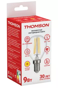 Лампа светодиодная E14 шар, 9Вт, 2700K / теплый свет, 855лм, филаментная, THOMSON Filament (TH-B2085)
