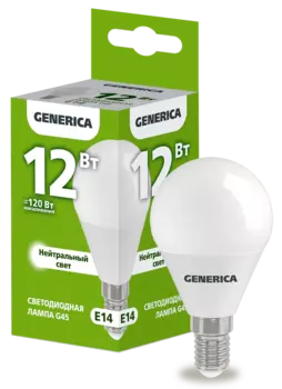 Лампа светодиодная E14 шар/G45, 12Вт, 3300 K-5300 K / холодно-белый, 1200лм, GENERICA (LL-G45-12-230-40-E14-G)