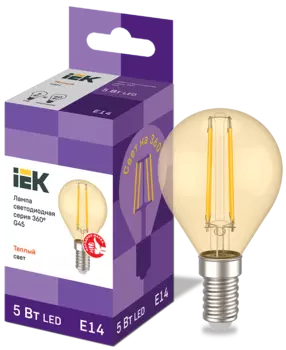 Лампа светодиодная E14 шар/G45, 5Вт, 2700K / теплый свет, 600лм, филаментная, IEK 360° (LLF-G45-5-230-30-E14-CLG)