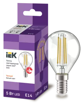 Лампа светодиодная E14 шар/G45, 5Вт, 3000K / теплый свет, 600лм, филаментная, IEK 360° (LLF-G45-5-230-30-E14-CL)