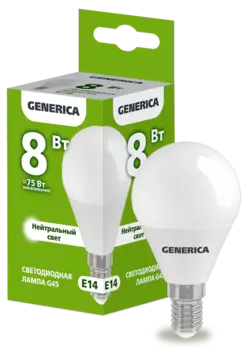 Лампа светодиодная E14 шар/G45, 8Вт, 4000K-4000K, 800лм, GENERICA (LL-G45-08-230-40-E14-G)