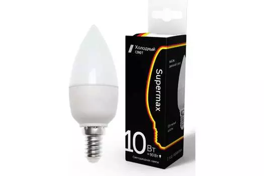 Лампа светодиодная E14 свеча, 10 Вт, 6400 K / холодный свет, 800лм, 220 В, КОСМОС Supermax (Sup_LED10wCNE1464)