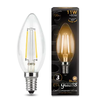 Лампа светодиодная E14 свеча, 11 Вт, 2700 K/теплый свет, 810лм, филаментная, 220 В, Gauss Black Filament Crystal (103801111)