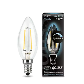 Лампа светодиодная E14 свеча, 5Вт, 4100K / нейтральный свет, 450лм, диммируемая, филаментная, Gauss Filament (103801205-D)