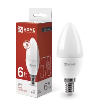 Лампа светодиодная E14 свеча, 6Вт, 4000K / белый, 570лм, IN HOME (4690612020396)