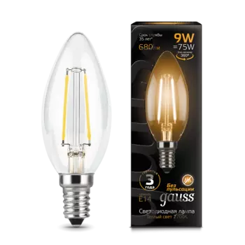 Лампа светодиодная E14 свеча, 9Вт, 2700K / теплый свет, 680лм, филаментная, Gauss (103801109)