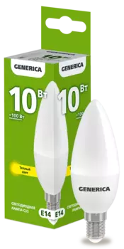 Лампа светодиодная E14 свеча/C35, 10Вт, 3000K-3000K, 1000лм, GENERICA (LL-C35-10-230-30-E14-G)