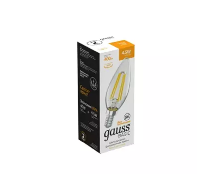 Лампа светодиодная E14 свеча/C35, 4.5 Вт, 2700 K/теплый свет, 400лм, филаментная, 220 В, 10 шт., Gauss Filament (1031115_10)