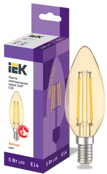 Лампа светодиодная E14 свеча/C35, 5Вт, 2700K / теплый свет, 600лм, филаментная, IEK 360° (LLF-C35-5-230-30-E14-CLG)