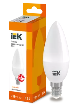Лампа светодиодная E14 свеча/C35, 7Вт, 3000K / теплый свет, 630лм, IEK (LLE-C35-7-230-30-E14)