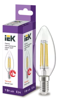 Лампа светодиодная E14 свеча/C35, 7Вт, 3000K / теплый свет, 840лм, филаментная, IEK 360° (LLF-C35-7-230-30-E14-CL)