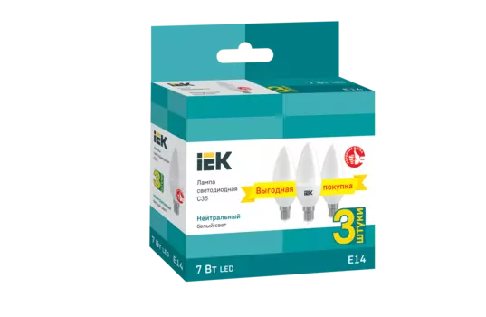 Лампа светодиодная E14 свеча/C35, 7Вт, 4000K / белый, 630лм, 3шт., IEK (LLE-C35-07-230-40-E14-3)