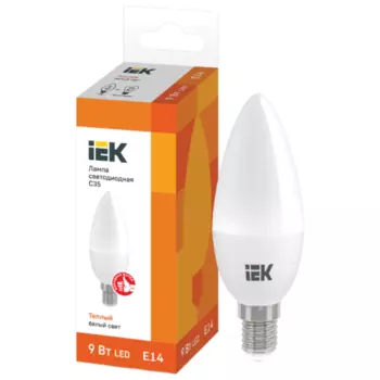 Лампа светодиодная E14 свеча/C35, 9Вт, 3000K / теплый свет, 810лм, IEK (LLE-C35-9-230-30-E14)