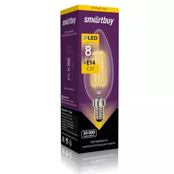 Лампа светодиодная E14 свеча/C37, 8Вт, 3000K / теплый свет, 750лм, филаментная, SMARTBUY (SBL-C37F-8-30K-E14)