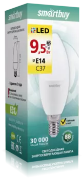 Лампа светодиодная E14 свеча/C37, 9.5Вт, 3000K / теплый свет, 760лм, SMARTBUY (SBL-C37-9_5-30K-E14)