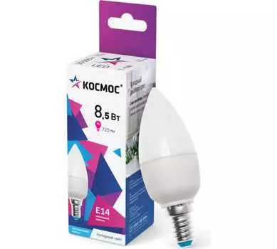 Лампа светодиодная E14 свеча/GL45, 8.5 Вт, 6500 K / холодно-белый, 720лм, КОСМОС (LkecLED8.5wCNE1465)
