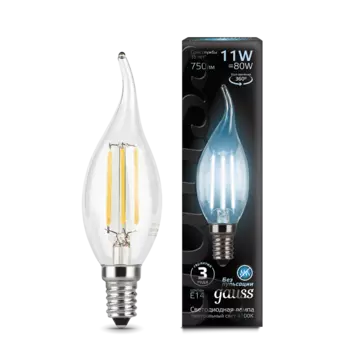 Лампа светодиодная E14 свеча на ветру, 11 Вт, 4100 K/нейтральный свет, 830лм, филаментная, 220 В, Gauss Black Filament (104801211)