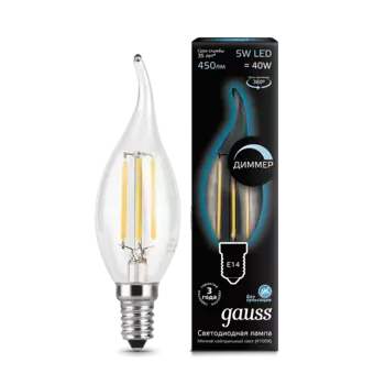 Лампа светодиодная E14 свеча на ветру, 5Вт, 4100K / нейтральный свет, 450лм, диммируемая, филаментная, Gauss Filament (104801205-D)